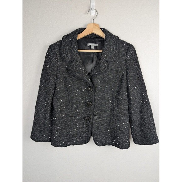 Ann Taylor Jackets & Blazers - Ann Taylor Blazer Womens 4 Black Tweed Boucle Beaded Button Peter Pan Collar Mb